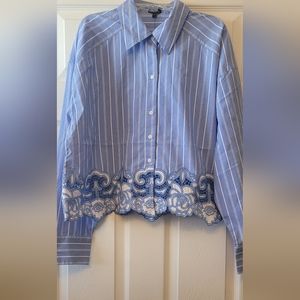 Embroidered Lace Striped Cropped Shirt